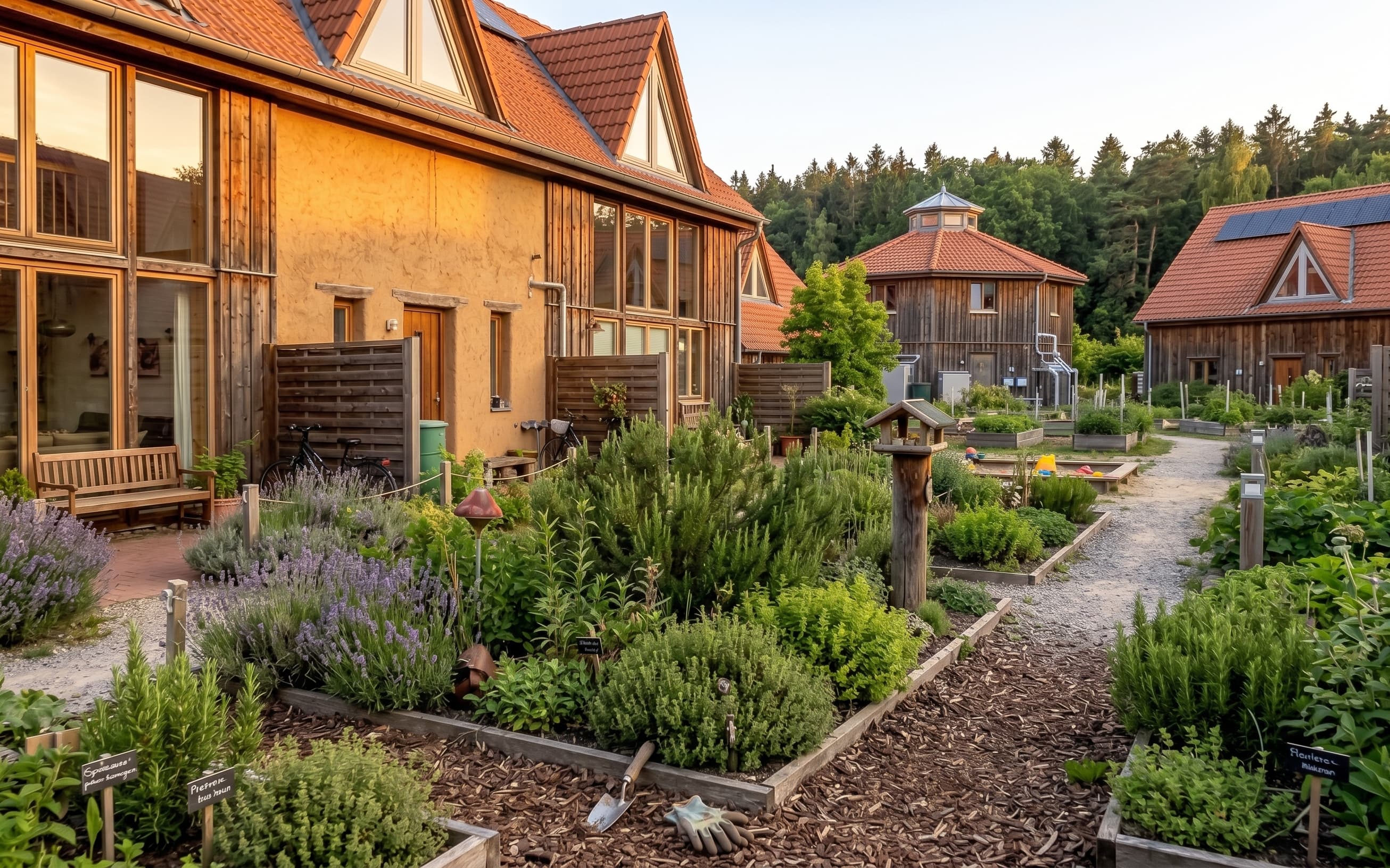 Visualisation — garden side with herb beds and clay-plastered timber façades