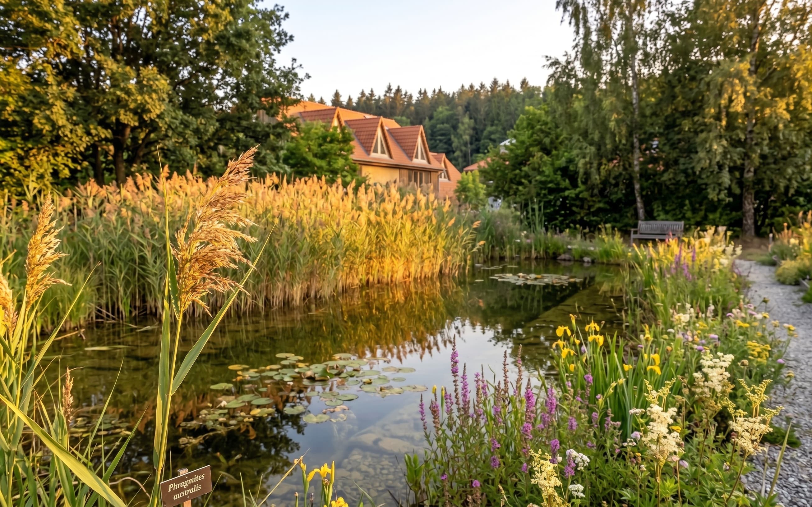 Visualisation — reed-fringed pond with flowering margins below the houses