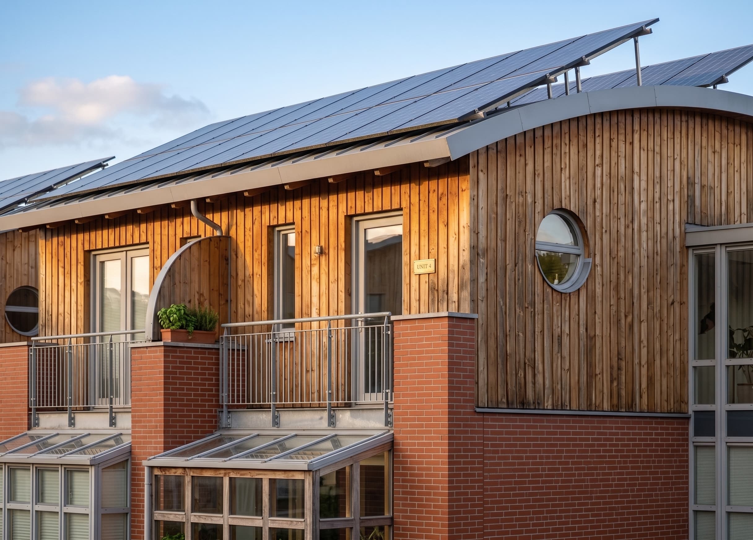 Visualisation — curved solar roof, larch cladding and brick base of a house