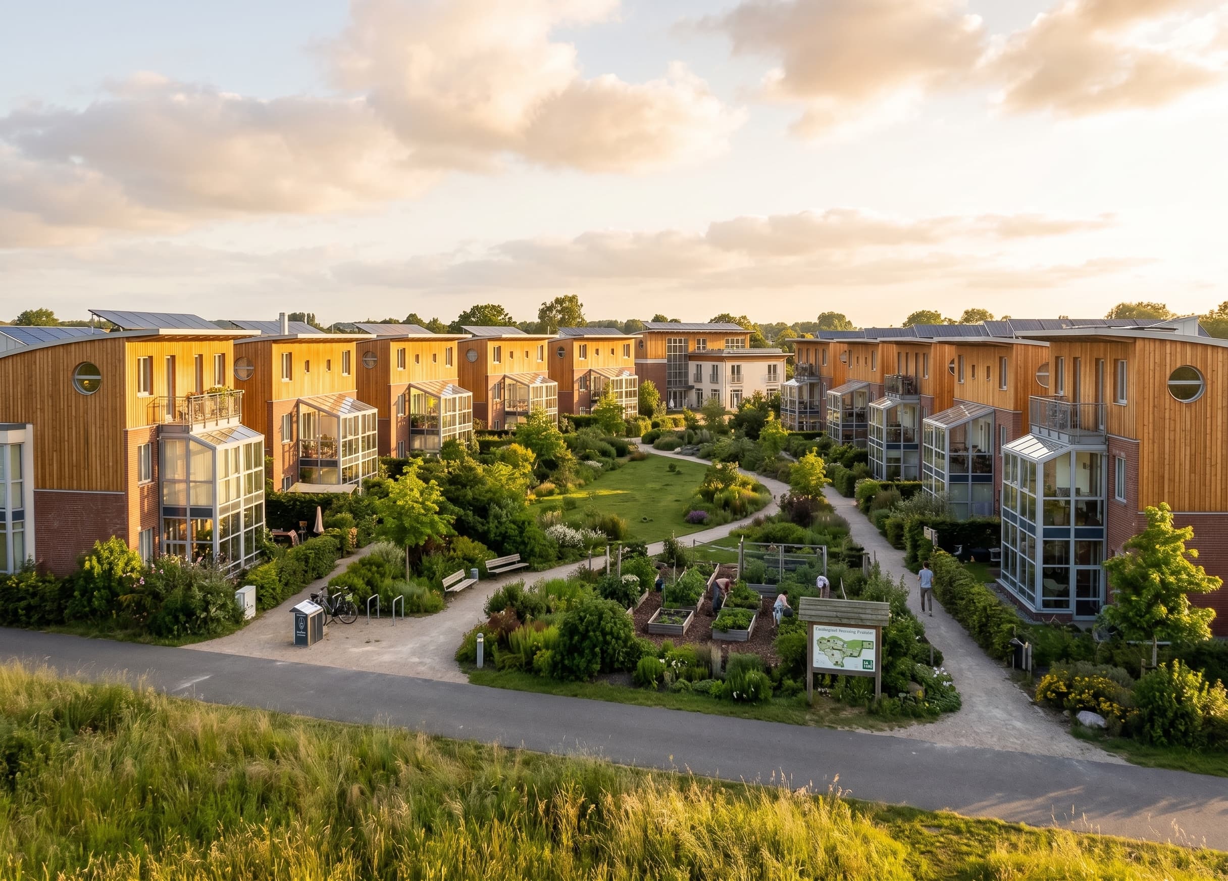 Visualisierung Flintenbreite — holzverkleidete Häuser mit geschwungenen Solardächern um einen gemeinsamen Grünraum